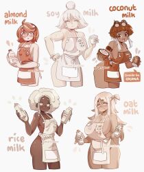 5girls :o afro almond_milk_(bakuatsukiyu) apron apron_only ass athletic athletic_female bakuatsukiyu big_breasts braid breasts brown_eyes brown_hair coconut_milk_(bakuatsukiyu) collarbone dark-skinned_female dark_skin ear_piercing earrings english_text eyebrows_visible_through_hair female female_only glasses glasses_on_head highres huge_breasts humanized jewelry large_breasts medium_breasts medium_hair milk milk_girls multiple_girls muscular muscular_female nude oat_milk_(bakuatsukiyu) original pale-skinned_female pale_skin parted_lips personification rice_milk_(bakuatsukiyu) short_hair side_ponytail sideboob simple_background slightly_chubby small_breasts smile soy_milk_(bakuatsukiyu) taller_girl text thick_thighs very_short_hair white_background white_eyes white_hair