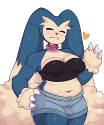 1girls anthro artkett1412 big_breasts blush breasts chubby chubby_female cleavage closed_eyes clothing female fur furry heart hi_res lopunny navel nintendo pokémon_(species) pokefusion pokemon pokemon_fusion snorlax snorpunny solo thick_thighs wide_hips