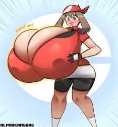 alphaerasure blue_eyes blush breast_expansion bursting_breasts cleavage cleavage_overflow gameplay_mechanics huge_breasts hyper_breasts level_up may_(pokemon) nervous_smile pokemon pokemon_rse tight_clothing top_heavy