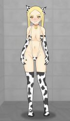 adult bikini blonde_hair cow_girl cow_print female light-skinned mari_gold mole mole_under_eye orange_eyes rong_rong small_breasts thick_eyebrows