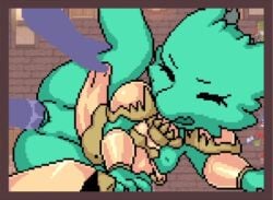 akai_(ugokashitari) amelie_(princess_and_conquest) animated armor cum cum_in_pussy cum_inside exposed_breasts game_cg green_skin holding_leg kobold leg_up monster monster_girl on_side paladin pixel_animation pixel_art princess_and_conquest scalie small_breasts