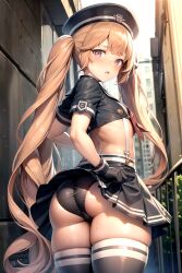 ai_generated ass blonde_hair blush cameltoe embarrassed female from_behind from_below gloves goddess_of_victory:_nikke hat long_hair looking_at_viewer looking_back miniskirt miranda_(nikke) open_mouth panties policewoman purple_eyes shiny shiny_clothes shiny_hair shiny_skin skirt skirt_lift solo suspenders thick_thighs thighhighs twintails very_long_hair young