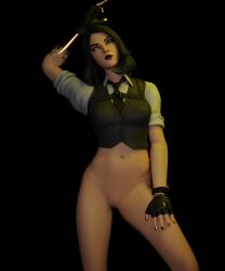 1girls 3d belly black_hair black_lips black_lipstick clothed clothing female female_focus female_only fortnite girly gloves hips legs long_legs marigold_(fortnite) no_panties no_pants pussy razytaken scar solo solo_female solo_focus tie vagina