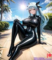 ai_generated bodysuit breasts female high_heels kuriboh_ex_(artist) latex latex_suit oppai rubber rubber_suit turquoise_eyes turquoise_hair