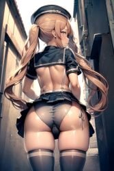 ai_generated ass blonde_hair blush cameltoe embarrassed female from_behind from_below gloves goddess_of_victory:_nikke hat long_hair looking_at_viewer looking_back miniskirt miranda_(nikke) panties policewoman purple_eyes shiny shiny_clothes shiny_hair shiny_skin skirt skirt_lift smile solo suspenders thick_thighs thighhighs twintails very_long_hair