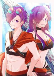 1boy 1girls alternate_costume bikini black_bikini black_swimsuit breasts cleavage collarbone commentary eyewear_on_head female fire_emblem fire_emblem:_three_houses fire_emblem_heroes fire_emblem_warriors:_three_hopes hair_over_one_eye hand_on_own_hip highres long_hair male male_swimwear medium_breasts navel nintendo official_alternate_costume one_eye_covered purple_eyes purple_hair shez_(female)_(fire_emblem) shez_(female)_(summer)_(fire_emblem) shez_(fire_emblem) shez_(male)_(fire_emblem) shez_(male)_(summer)_(fire_emblem) short_hair stomach swim_trunks swimsuit teeth twitter_username yutohiroya