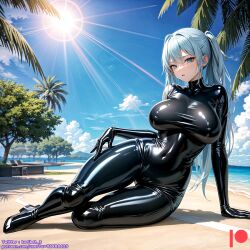 ai_generated bodysuit breasts female kuriboh_ex_(artist) latex latex_suit oppai rubber rubber_suit turquoise_eyes turquoise_hair