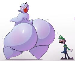 2boys arousal aroused ass ass_focus big_ass big_butt blush boo_(mario) chubby chubby_male erect_penis erection erection_under_clothes femboy gay ghost huge_ass huge_butt human hyper_ass large_ass luigi male male_only mario_(series) massive_ass nintendo schplingnops size_difference superchub thick_thighs tongue tongue_out wide_hips