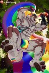 2023 abs absurd_res anthro armband barazoku barefoot bent_legs biceps big_bulge big_muscles bracelet bulge canid canine canis claws clothed clothing confetti detailed_bulge epic_games eyebrows feet fingerless_gloves flag fortnite fur gloves handwear hat headgear headwear hi_res holding_flag holding_object huge_muscles jewelry jockstrap jockstrap_only joelbearb jumping lgbt_history_month lgbt_pride low-angle_view male male_only mammal muscular muscular_anthro muscular_male obliques open_mouth open_smile outside patreon pawpads pecs plant pride_color_clothing pride_color_flag pride_color_jockstrap pride_color_underwear pride_colors quads rainbow_flag rainbow_pride_colors rainbow_pride_flag rainbow_symbol serratus smile soles solo straps teeth thick_thighs tongue topless topless_anthro topless_male tree tuft underwear underwear_only wendell_(fortnite) wolf