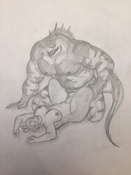 anthro breasts female female_penetrated grape_shifter humanoid iguana larger_male magnus_(grape_shifter) male male/female male_penetrating male_penetrating_female missionary_position musclegut muscles muscular muscular_anthro muscular_male nipples pecs pencil_(artwork) penis penis_in_pussy reptile scalie sex size_difference sketch thick_thighs vaginal_penetration