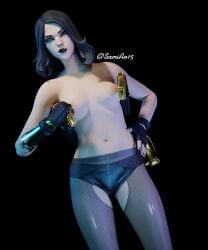 breasts female female_only fingerless_gloves fortnite gun gun_holster looking_at_viewer marigold_(fortnite) panties pantyhose ripped_pantyhose samiar15_ scar smirk smirking_at_viewer weapon