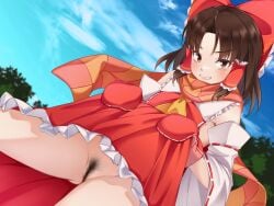 ascot black_hair blue_sky bow brown_eyes clothes_lift cloud commentary_request detached_sleeves dutch_angle female female_pubic_hair frilled_skirt frills gloves hair_tubes hairbow hakurei_reimu highres lifted_by_self momendoufu outdoors parted_lips pubic_hair red_bow red_gloves reimu_hakurei ribbon-trimmed_sleeves ribbon_trim short_hair sidelocks skirt skirt_lift sky solo touhou yellow_ascot