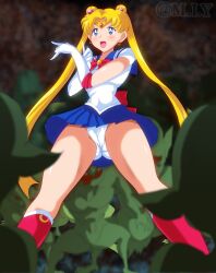 bishoujo_senshi_sailor_moon blonde_hair blue_eyes clothing gloves goblin goblin_male green_skin m.i.y miniskirt panties sailor_moon sailor_uniform skirt skirt_lift twintails usagi_tsukino