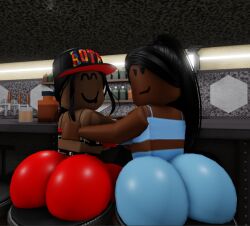 2girls 3d ass_focus black_hair bottom_heavy bottomwear bra breasts bubble_ass bubble_butt dark-skinned_female fat_ass female female_focus giant_ass huge_breasts humanoid looking_at_viewer looking_back no_pupils oc original_character pancakebass09 presenting presenting_hindquarters public roblox roblox_avatar robloxian shorts thick thick_ass thick_thighs video_games voluptuous voluptuous_female wide_hips