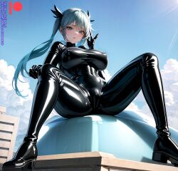 ai_generated bodysuit breasts female kuriboh_ex_(artist) latex latex_suit oppai rubber rubber_suit turquoise_eyes turquoise_hair