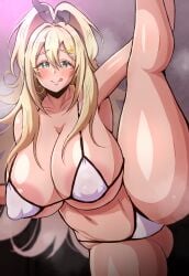 1girls big_breasts bikini blonde_hair breasts breasts busty curvaceous curvy curvy_body curvy_female curvy_figure female goddess_of_victory:_nikke green_eyes huge_breasts large_breasts rupee_(nikke) shu_(pixiv_67081893) standing_on_one_leg standing_split thick_thighs thighs voluptuous