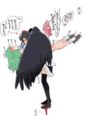 1futa 1girls akutsu_(demodori) black_feathers black_hair black_wings blush cum_in_pussy dialogue dripping_cum frilly_socks futa_on_female futa_with_female futanari geta green_hair implied_futanari implied_sex japanese_text kochiya_sanae light-skinned_female light_skin multiple_girls open_mouth ruffles sanae_kochiya shameimaru_aya skirt socks standing_sex tengu-geta touhou translation_request trembling wings yuri