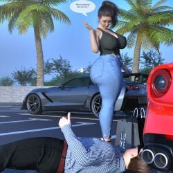 3d 3d_(artwork) ass big_ass busty car chevrolet chevrolet_camaro chevrolet_corvette clothing clueless dark_hair dialogue duo fat_ass ferrari hourglass_figure jeans male oblivious parking_lot rev2019 staring_at_ass tight_jeans wrong_tag_fucktard you're_a_fucking_retard