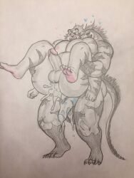 after_anal after_sex anthro ass ass balls bara big_ass big_balls big_muscles big_penis blue_penis blush cum cum_in_ass cum_leaking cum_on_penis dripping dripping_cum felid feline furry gay grape_shifter heart holding_partner iguana knotted_penis leaking_cum magnus_(grape_shifter) male male/male male_only muscles muscular muscular_male nipples pecs penis reptile scalie stand_and_carry_position standing tail thick_thighs tiger