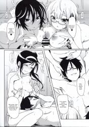 1boy 3girls ass big_breasts black_and_white bokutachi_wa_benkyou_ga_dekinai double_paizuri doujin doujinshi eitarou_(kaminari_neko) english_text furuhashi_fumino_(bokuben) glasses group indoors lap_pillow long_hair monochrome multiple_girls nipple_play nipple_pull nude ogata_rizu_(bokuben) paizuri penis short_hair side_ponytail small_breasts swimsuit_tan tagme takemoto_uruka_(bokuben) tanline yuiga_nariyuki_(bokuben)