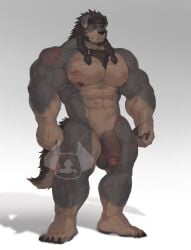 2023 5_fingers 5_toes abdominal_scar abs absurd_res anthro arm_scar arm_tattoo balls barazoku beard biceps black_body black_fur black_sclera blood bodily_fluids braided_hair brown_body brown_fur brown_hair canid canine canis chest_scar chest_tuft claws denkon1886 diangun domestic_dog facial_hair feet finger_claws fingers fur genitals goatee hair hi_res leg_scar male mammal mastiff molosser multicolored_body multicolored_fur muscular muscular_anthro muscular_male muscular_thighs nipples nude obliques pawpads pecs penis plantigrade red_eyes scar shoulder_tattoo sideburns solo tattoo toe_claws toes triceps tuft vein veiny_penis watermark