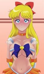 1girls big_breasts bishoujo_senshi_sailor_moon blonde_female blonde_hair blue_eyes blush blushing bow choker clothing gift gift_wrapped heart heroine joxercoleturner large_breasts long_hair looking_at_viewer minako_aino necklace sailor_uniform sailor_venus skirt slutty_outfit suit