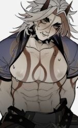 1boy 1male abs arataki_itto bara bara_tiddies bara_tits big_breasts big_muscles big_nipples big_pecs choker fangs genshin_impact half-dressed horns hoyoverse long_hair looking_at_viewer looking_back_at_viewer looking_straight male male_boobs male_focus male_only muscle muscles muscular muscular_male oni oni_horns pecs red_eyes red_hair red_horns sweat sweatdrop tattoo white_background white_hair