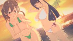 2girls 3d armpits arms_behind_head beach bent_over big_breasts bikini bikini_lift bikini_top bikini_top_lift breasts brown_eyes brown_hair busty cleavage covering covering_breasts cricgck female female_only green_bikini hi_res large_breasts leaning_forward long_hair looking_at_viewer multiple_girls navel ocean please_don't_bully_me,_nagatoro pose posing president_(nagatoro) purple_hair red_eyes sana_sunomiya sensual sexy_armpits shikki_(nagatoro) sunset sweat thong_bikini twintails voluptuous water white_bikini