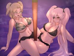 2girls big_breasts bikini bikini_bottom bikini_bottom_aside bikini_top blush breasts brown_hair camouflage commission commissioner_upload eyepatch glasses green_eyes grinding hair_ornament imu_(senran_kagura) jin_morisono large_breasts long_hair marvelous masturbation multiple_girls navel open_mouth panties_aside pleasure_face pole red_eyes scissoring senran_kagura skirt staff_(weapon) swimsuit thighs twintails white_hair yagyuu_(senran_kagura) yuri