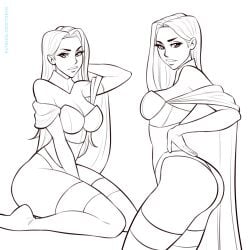 ass big_breasts black_and_white breasts choker cleavage curvy curvy_female dat_ass emma_frost female kneeling marvel marvel_comics thick_thighs thighhighs thong thong_panties toksie toxyart white_queen x-men