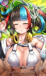 1boy absurdres badge bare_shoulders bikini black_hair blue_hair blush boy_on_top breasts breasts_squeezed_together button_badge cleavage closed_eyes covered_erect_nipples covered_nipples fate/grand_order fate_(series) female grabbing grabbing_another's_breast green_headwear headphones headphones_around_neck highres jacket large_breasts long_hair long_sleeves lying multicolored_hair navel off_shoulder on_back open_clothes open_jacket open_mouth paizuri penis rape red_hair sei_shounagon_(fate) sei_shounagon_(swimsuit_berserker)_(fate) sekai_saisoku_no_panda sidelocks sleep_molestation sleeping straddling straddling_paizuri straight swimsuit twintails visor_cap white_bikini white_jacket