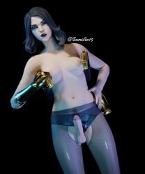 3d breasts fortnite futa_only futanari gold_(metal) gun gun_holster hands_on_hips looking_at_viewer marigold_(fortnite) panties pantyhose penis ripped_pantyhose samiar15_ scar smirk smirking_at_viewer solo source_request weapon