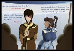 1boy 1boy1girl 1girls avatar_legends avatar_the_last_airbender bent_forward bent_over blue_eyes brown_hair dark-skinned_female dark_skin english_text facial_scar female fire_nation korra light-skinned_male male male/female naughty_face sock_vivian text the_avatar the_legend_of_korra tight_clothing water_tribe zuko