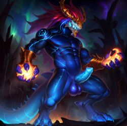 ai_generated anthro aurelion_sol bioluminescence blue_balls blue_body blue_penis blue_skin detailed_background league_of_legends male male_focus male_only monster notagaylizard presenting presenting_penis solo tagme