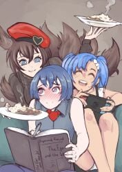 3girls beret blue_eyes blue_hair blush book brown_hair caleen_keemosn collared_shirt curry elo-chan elotika eyebrows_visible_through_hair food fox_ear fox_girl fox_tail gknight hair_ribbon kemonomimi kitsunemimi laugh looking_at_another malphas medium_hair multi_tail necktie nintendo_switch open_smile original_character panty_peek purple_eyes request rice safe_for_work short_hair smile star_ocean star_ocean_anamnesis turtleneck twintails valentine very_long_hair wholesome