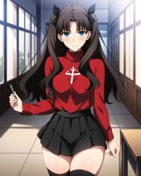 1girls ai_generated breasts censored fate/grand_order fate/stay_night fate_(series) female female_only hair_ribbon joker_(artist) long_hair looking_at_viewer open_mouth ribbon sitting smile solo tohsaka_rin