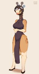 2023 anthro balls bottomless breasts bulge clothed clothing dress farigiraf front_view futanari generation_9_pokemon genitals hi_res intersex kyurisawa looking_at_viewer mammal mostly_clothed nintendo pokemon pokemon_(species) simple_background smile solo standing tan_body