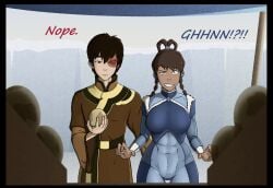 1boy 1boy1girl 1girls ambiguous_penetration anal_fingering avatar_legends avatar_the_last_airbender blue_eyes brown_hair dark-skinned_female dark_skin english_text facial_scar female fire_nation implied_anal implied_penetration interracial korra light-skinned_male male male/female questionable_consent silly_face skinsuit sock_vivian surprise surprise_fingering surprised_expression text the_avatar the_legend_of_korra tight_clothing water_tribe zuko