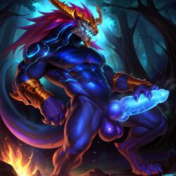 ai_generated anthro aurelion_sol bioluminescence blue_balls blue_body blue_penis blue_skin detailed_background league_of_legends male male_focus male_only monster notagaylizard presenting presenting_penis solo tagme