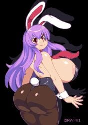 1girls animal_ears areola_slip ass breasts bunny_ears bunny_tail female from_behind huge_breasts long_hair looking_at_viewer looking_back necktie pixel_art playboy_bunny purple_hair red_eyes reisen_udongein_inaba rivyk sideboob smile solo_female touhou