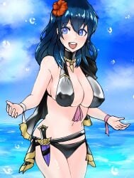 1girls alternate_costume bare_thighs bikini black_bikini black_swimsuit blue_eyes breasts byleth_(fire_emblem) byleth_(fire_emblem)_(female) cleavage covered_nipples female female_only fire_emblem fire_emblem:_three_houses fire_emblem_heroes flower hair_flower knife knife_sheath large_breasts looking_at_viewer medium_hair nintendo official_alternate_costume open_mouth outdoors sideboob smile solo swimsuit teal_hair tetsuji_(i_ttj_f_c) thighs