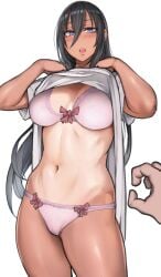 1boy 1girls 2021 abs bare_arms black_hair blue_eyes blush bow bow_bra bow_panties bra breasts cleavage daughter_with_bad_eyesight_(pepe_(jonasan)) dress dress_lift eyebrows_visible_through_hair female female_focus hair_between_eyes large_breasts lifted_by_self long_hair looking_at_viewer male male_pov navel one-piece_tan open_mouth original panties partial_male pepe_(jonasan) pink_bra pink_panties pov pov_hands simple_background solo_focus standing tan-skinned_female tan_skin tanline teeth thighs toned toned_female tongue underwear undressing very_long_hair white_background white_dress