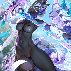 1girls ai_generated black_bodysuit bodysuit breasts dragon dragon_girl dragon_tail duel_monster female female_focus female_only helmet helmet_over_eyes holding holding_weapon large_breasts looking_at_viewer mask mask_over_one_eye masked_female naked naked_female nipples swordsoul_of_mo_ye tail yu-gi-oh! yu-gi-oh!_duel_monsters