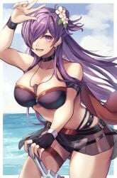 1girls absurdres alternate_costume arm_up armband ass_visible_through_thighs bare_arms bare_shoulders bikini black_bikini black_gloves black_swimsuit blue_sky breasts cloud commentary_request cowboy_shot day female female female_only fingerless_gloves fire_emblem fire_emblem:_three_houses fire_emblem_heroes fire_emblem_warriors:_three_hopes flower gloves hair_flower hair_ornament highres large_breasts long_hair nintendo ocean official_alternate_costume purple_eyes purple_hair reia_hana shez_(female)_(fire_emblem) shez_(fire_emblem) single_glove sky solo standing stomach swimsuit thigh_strap thighs very_long_hair water white_flower