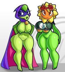 anthro anthro_only areola blue_eyes bottomless breasts brown_eyes cape clothing doregami duo electronic_arts elemental_creature eyewear eyewear_on_head female flora_fauna flower flower_creature genitals goggles goggles_on_head green_areola green_body green_nipples green_shadow green_shadow_(pvz) green_skin hi_res mask nipples no_bra not_furry nude orange_areola orange_nipples peashooter_(pvz) plant plantie plants_vs.l_zombies_heroes plants_vs_zombies popcap_games pussy see-through solar_flare_(pvz) standing sunflower_(pvz) topwear underboob