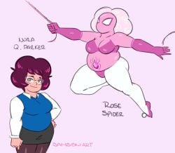 1girls big_breasts chubby chubby_female clothed clothed_female clothing crossover eyewear female gem_hybrid gemsona glasses human light-skinned_female looking_at_viewer marvel nora_quartz_universe overweight overweight_female pale_skin pink_body pink_eyes pink_skin puffy_hair samson_00 solo solo_female solo_focus spider-man:_across_the_spider-verse spider-man:_into_the_spider-verse spidersona steven_universe thick_thighs webs