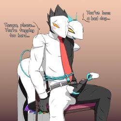 anthro avian belt big_penis blush bottomwear cable_tail chair clothing collared_shirt darkner deltarune dialogue dominant dominant_female duo english_text felid female foreskin foreskin_play foreskin_pull foreskin_torture furniture genitals handjob hi_res machine male male/female mammal muscular muscular_male necktie on_chair pants penile penis petplay robot roleplay sex shirt sitting sitting_on_chair swatch_(deltarune) tail tail_wrapped_around tasque_manager_(deltarune) text topwear undertale_(series) vein veiny_penis xevv