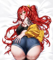 ass_focus ass_up curvaceous_hips dakimakura denim denim_jeans denim_shorts elly_(vtuber) green_eyes indie_virtual_youtuber jeans jeans_shorts looking_at_viewer red_hair ringeko_chan thick_thighs virtual_youtuber