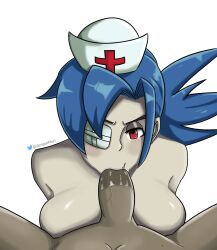 blowjob blowjob_face blue_hair muri_senpai nurse nurse_cap penis penis_in_face penis_in_mouth red_eyes skullgirls valentine_(skullgirls)