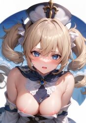 1girls ai_generated bangs bangs_between_eyes barbara_(genshin_impact) blonde blonde_bangs blonde_female blonde_hair blonde_hair_female blue_sky blush blush_lines blushing clothed clothed_female crown crown_hair_ornament curly_hair female female_only game_cg genshin_impact hair_ornament light-skinned_female light_skin light_skinned_female long_blonde_hair long_hair long_hair_female looking_at_viewer looking_embarrased looking_nervous neckwear nip_slip nipslip no_text no_visible_genitalia nun open_mouth pigtails pink_nipples shirt_pulled_down small_breasts solo solo_female solo_focus stable_diffusion textless